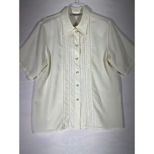 VTG Yves St Clair Women Cream Embroidered Short Sleeve Button Up Blouse SZ 12